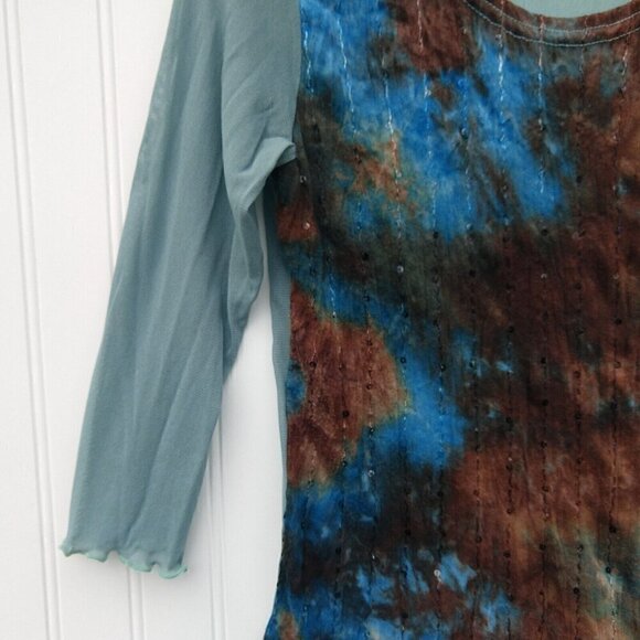Vintage Y2K Tie Dye Mesh Top Size S Stretch Semi Sheer Blue Brown Whimsygoth - Picture 5 of 7